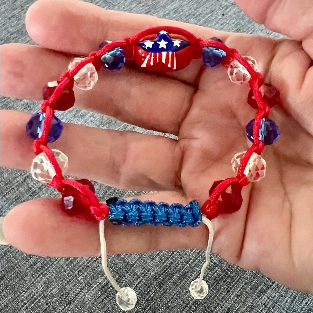 Hand Crafted Patriotic Bracelet Red, White, Blue Beads & Cord New